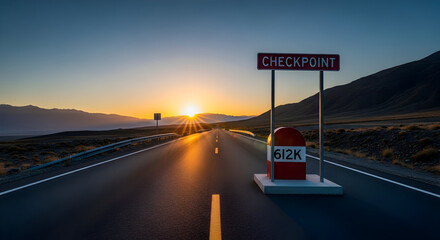 Golden Checkpoint At Sunrise On A Desert Road Trip Adventure Concept