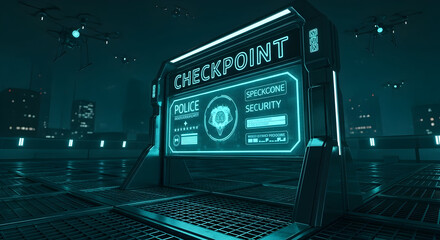Futuristic Checkpoint With Security Drones And High Tech Surveillance System