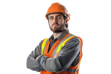 Worker wearing orange helmet and reflective vest isolated background