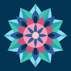 Vector art of geometric floral mandala pattern with layered petals in blue, pink, and teal hues on a dark blue background, symbolizing balance and spirituality