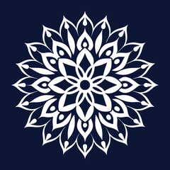 Vector art of intricate white floral mandala design with delicate petal shapes and symmetrical patterns on a dark blue background, evoking tradition and elegance