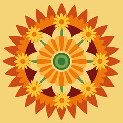 Vector art of warmly colored mandala flower art with orange, yellow, and green hues, featuring a symmetrical geometric pattern and floral elements on a yellow background