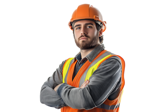 Worker wearing orange helmet and reflective vest isolated background