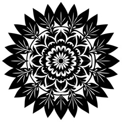 Fototapeta premium Vector art of intricate black and white floral mandala with detailed petals and leaves forming a symmetrical circular pattern, isolated on white