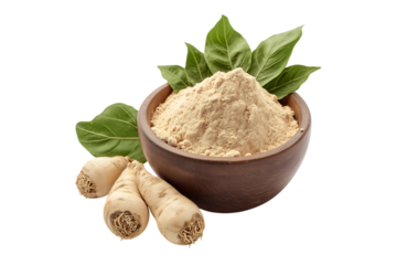 Maca root powder with fresh roots and leaves isolated PNG