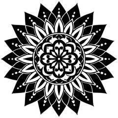 Vector art of black and white mandala flower pattern, isolated on white background, intricate geometric design, ornamental, decorative, abstract, symmetry, traditional, ethnic, cultural, spiritual, me