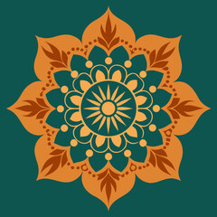 Vector art of orange and teal mandala flower pattern, intricate geometric design, ornamental, decorative, abstract, symmetry, traditional, ethnic, cultural, spiritual, meditation, yoga, zen, henna, ta