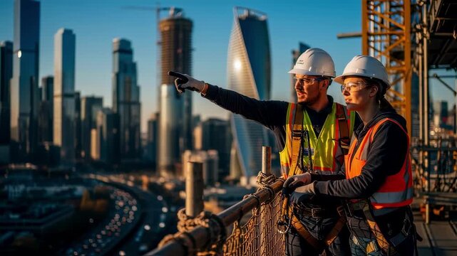Pair of laborers standing on scaffolding observing highrise buildings rising amidst a busy metropolis.