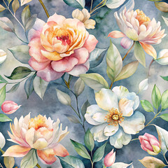 Elegant Watercolor Floral Pattern with Botanical Illustration