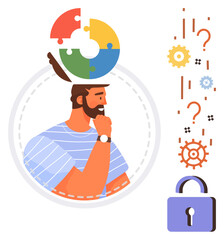 Man pondering with colorful puzzle pieces above head, gears, question marks, and lock symbol. Ideal for thinking, brainstorming, solutions, innovation, security puzzles simple flat metaphor