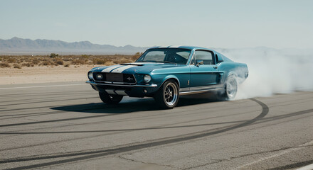 A classic 1967 Shelby GT500 Fastback, classic blue with white stripes, doing a burnout on a deserted road, raw power, action