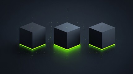 Three dark grey cubes with neon green glow.  They sit on a dark surface with subtle light reflections and a few scattered particles