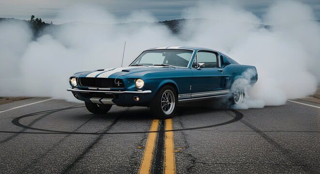 A classic 1967 Shelby GT500 Fastback, classic blue with white stripes, doing a burnout on a deserted road, raw power, action