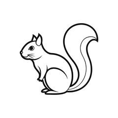 Minimalist Black and White Vector Illustration of a Squirrel Sitting Upright with a Curved Bushy Tail. This Stylized Line Drawing Features a Side Profile with Raised Front Paws and Rounded Features, P