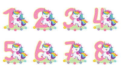 Obraz premium Set of cute unicorn with pink numbers isolated on white background. Happy Birthday concept. Vector illustration in flat cartoon style