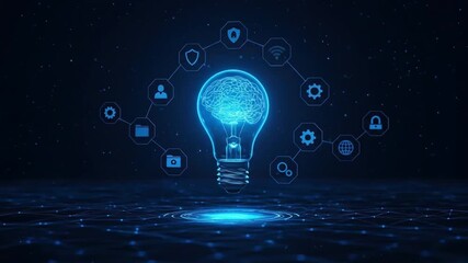 Dynamic lightbulb with brain inside, glowing tech icons orbit, innovation and intelligence in modern hi-tech design concept - Powered by Adobe