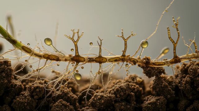 Highdetail microphotograph of underground root microbiome featuring mycorrhizal structures.