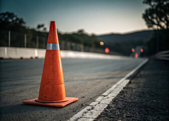 Single Orange Traffic Cone on Paved Road with Blurred Background