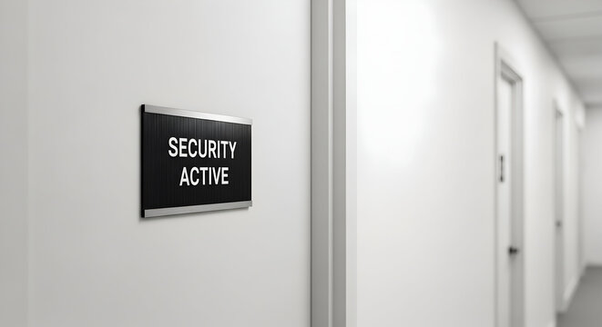 Hallway View Of Security Active Sign On A White Wall Office Building