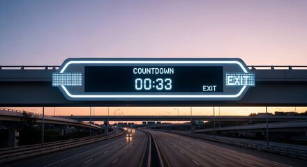 Illuminated Countdown Display Over Highway at Sunset Road Technology