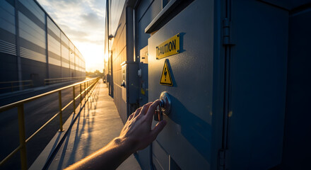 Hand Securing Electrical Panel In Industrial Area During Sunset With Caution Sign