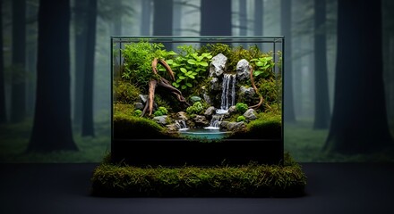 Enchanting miniature forest ecosystem with cascading waterfall in a glass terrarium