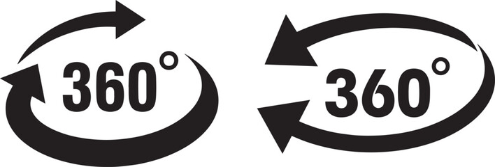 Vector art of two black 360 degree rotation arrows indicating circular movement and direction, isolated on white background