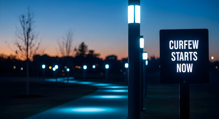 Illuminated Curfew Sign at Dusk in a City Park Warns of Evening Restrictions