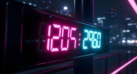 Futuristic Neon Clock Display In Urban Nightscape Depicts Data And Time