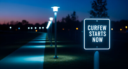 Illuminated Curfew Sign At Night in Cityscape Suggesting Safety Measures