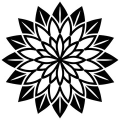 Vector art of black and white geometric floral pattern with symmetrical petals, isolated on white background