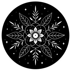 Vector art of mystical black and white floral mandala illustration with celestial elements, isolated on a dark circular background, evoking bohemian and spiritual vibes