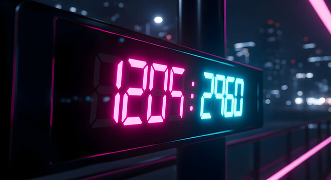 Futuristic Neon Clock Display In Urban Nightscape Depicts Data And Time