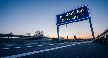 Illuminated Directional Road Sign Providing Distances On Empty Highway At Sunrise
