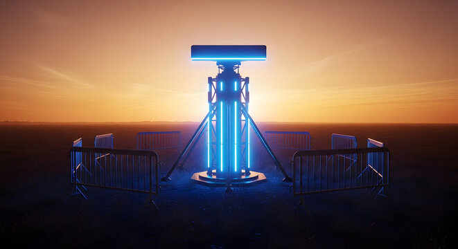 Futuristic Radar Installation Glowing At Sunset In A Barricaded Area - Powered by Adobe