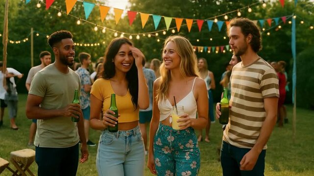 A lively outdoor party scene with friends laughing, holding drinks. Shot at eye level, the video captures vibrant colors and festive string lights.