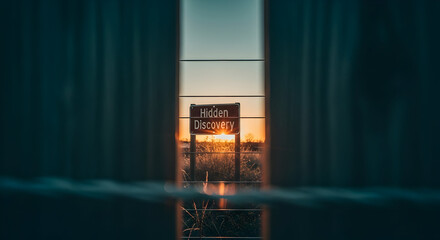 Hidden Discovery Sign And Sunset Seen Between Metal Fence Posts