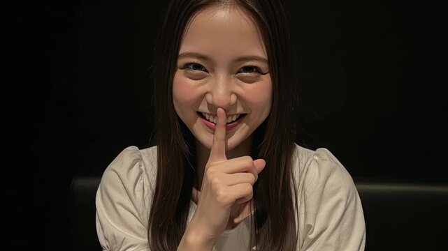 人差し指を口元にあてて「しー」のポーズをする秘密の女性