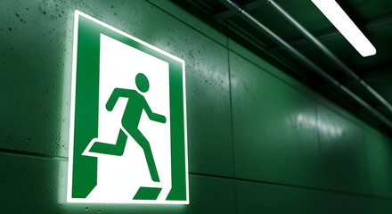 Illuminated Exit Sign Directs to Emergency Evacuation Route In Building