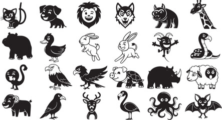Vector art of assortment of cartoon animal icons isolated on white background