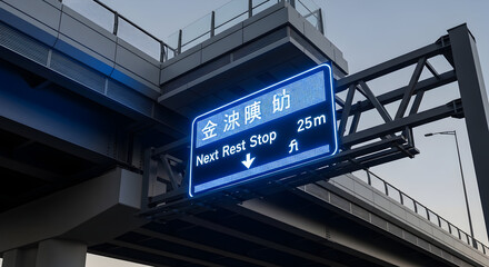 Illuminated Expressway Sign Directs Travelers To The Next Rest Stop Location