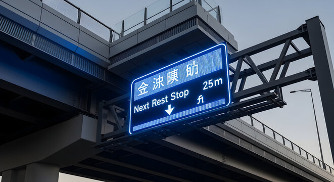 Illuminated Expressway Sign Directs Travelers To The Next Rest Stop Location