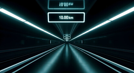 Futuristic Tunnel With Glowing Signage Displaying Distance and Power Level