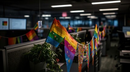 Naklejka premium Rainbow flags decorate modern office cubicles, celebrating diversity and inclusion within a workplace environment.
