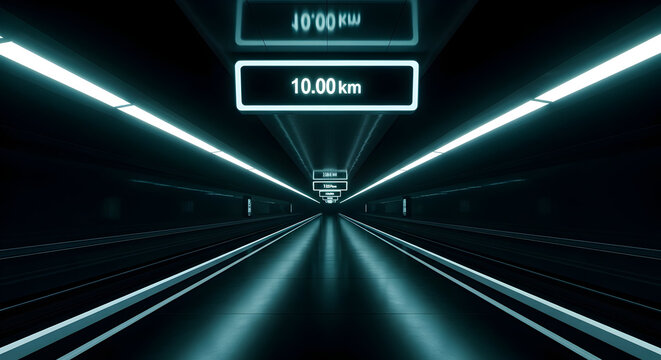 Futuristic Tunnel With Glowing Signage Displaying Distance and Power Level