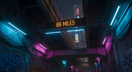 Obraz premium Futuristic Urban Scene With Neon Lights And Graffiti Underground Passage