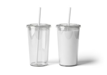 Two clear plastic tumblers with straws, one empty one full, isolated on white background
