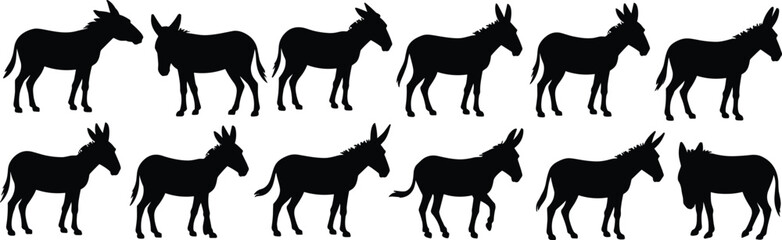 Donkey silhouette vector set, twelve side profile poses, animal stance variation, head position detail, farm livestock graphic, equine illustration design