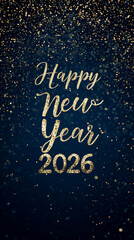 Text in golden writing " Happy New Year 2026" abstract dark bleu background with gold particles, Christmas or new year background. Design for banner, greeting card, invitation card