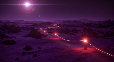 Illuminated Pathway Through a Mysterious, Glowing Landscape Under an Alien Sky